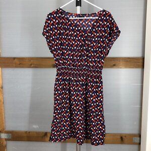 GAP Factory Purple Red Cream Chevron Ruched Asymmetrical Neckline S/S Dress Sz L